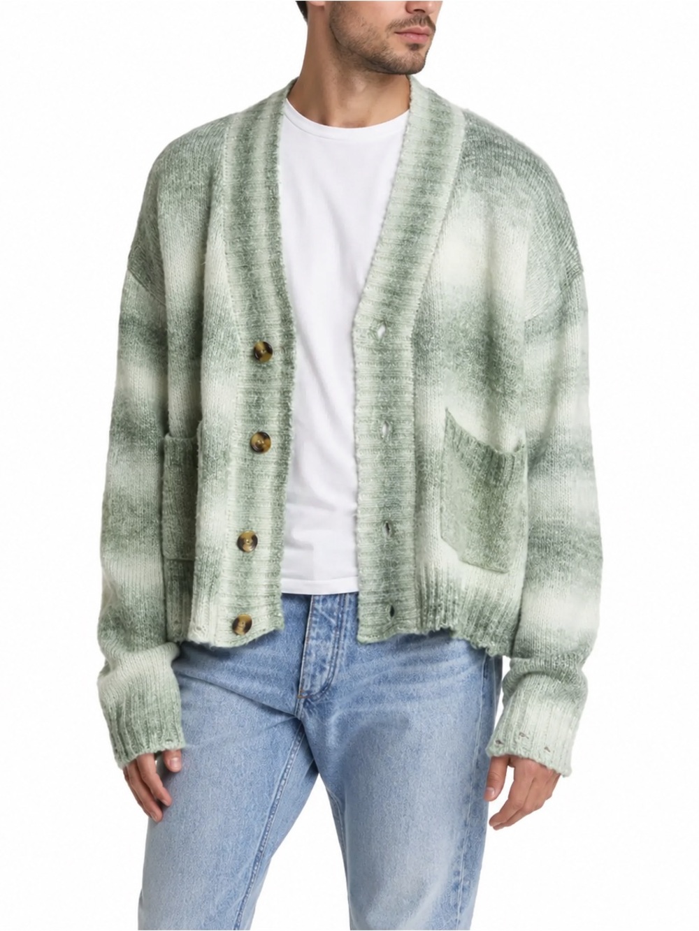 PacSun Green Ombré Striped Distressed Cropped Cardigan Sweater Size S